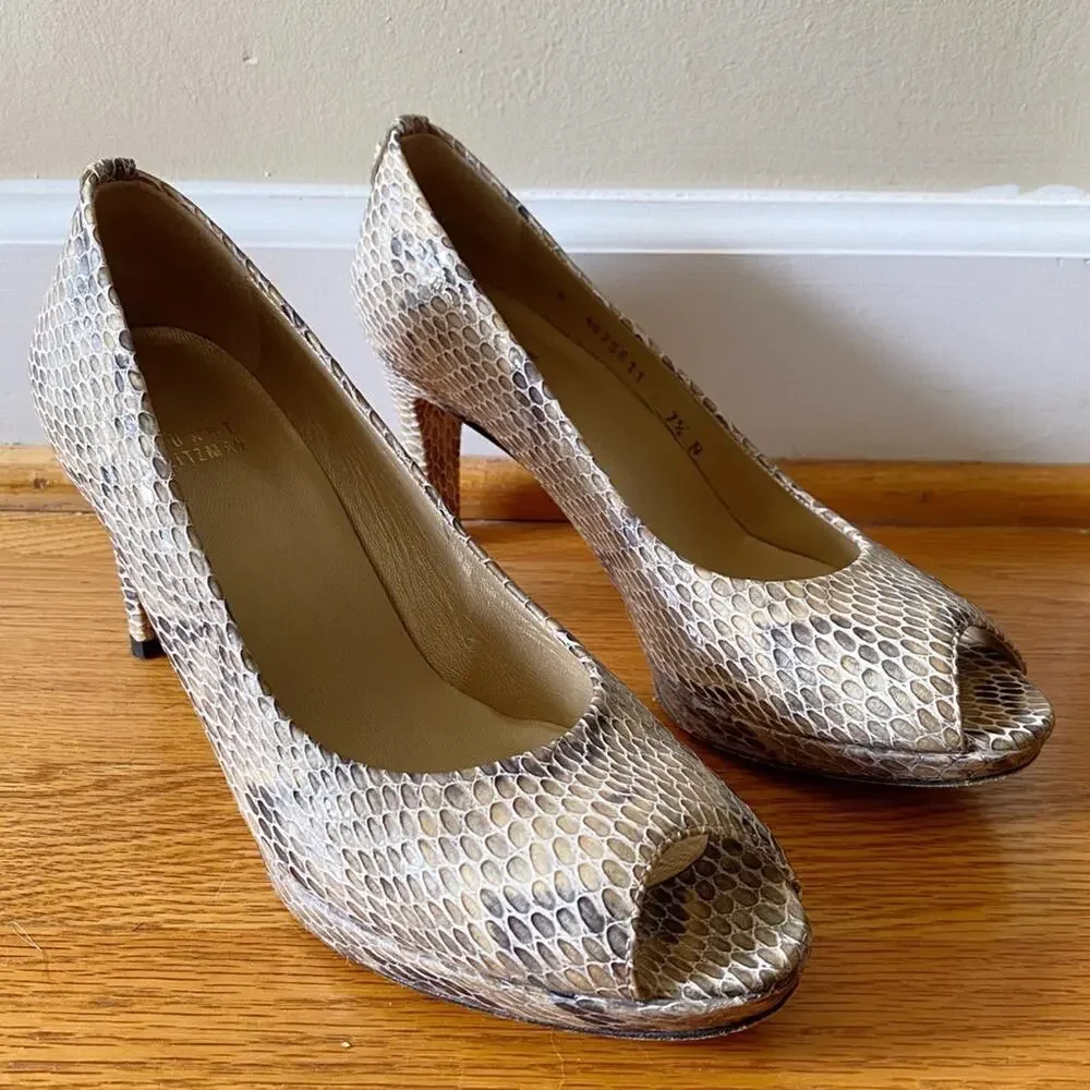 Stuart Weitzman | Plainfield Snake Skin Patent Leather Pumps Peep Toe Tan 7.5 N